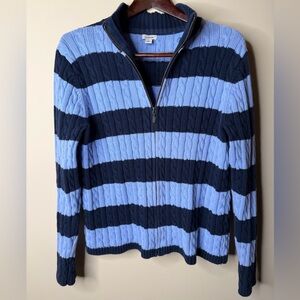 LL Bean Sweater Full Zip Baby Blue Navy Blue Striped Cable Knit. Woman XL.Spring